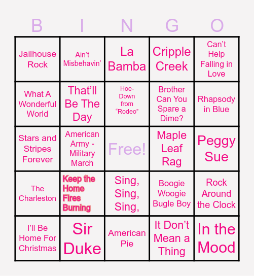 Generations of Music Bingo Card