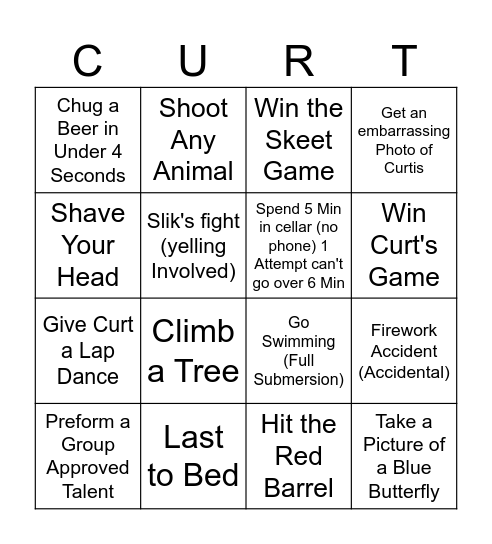 Curt's Special Weekend Bingo Card