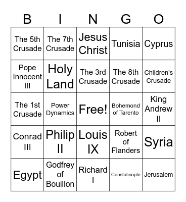 The Crusades Bingo Card