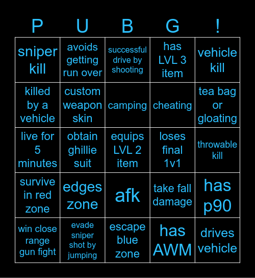 PUBG Bingo Card