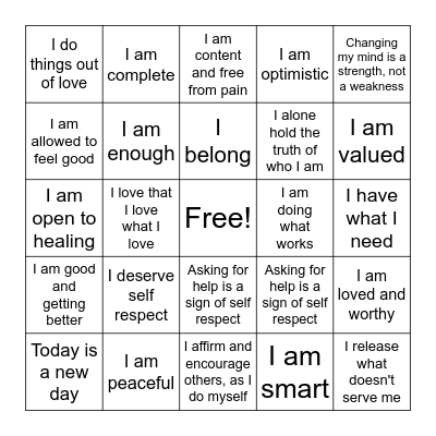 Positive Affirmations Bingo Card