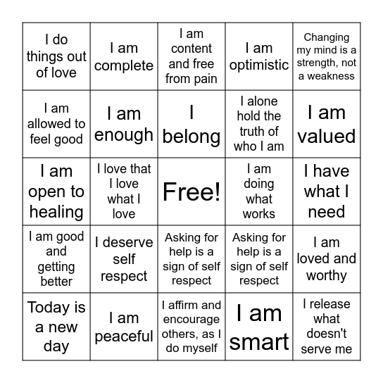 Positive Affirmations Bingo Card