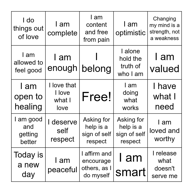 Positive Affirmations Bingo Card