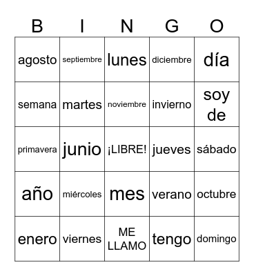 el calendario e información personal Bingo Card