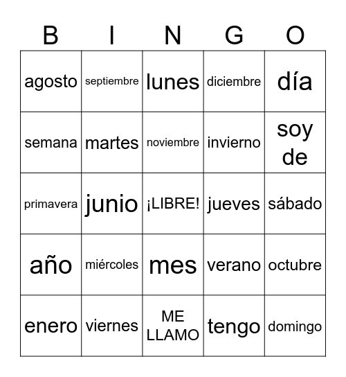 el calendario e información personal Bingo Card