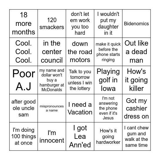 Kirk A Goben Bingo Card