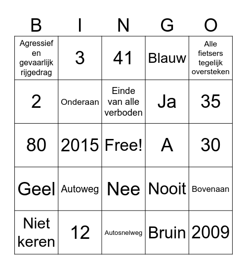 Verkeersregels Bingo - ronde 1 Bingo Card