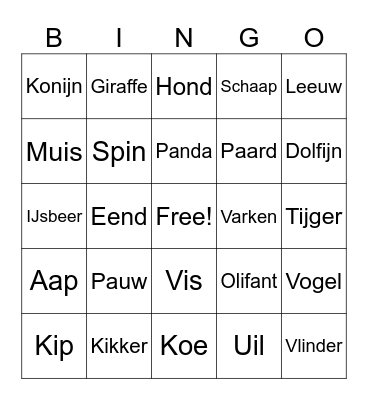 Dieren Bingo - ronde 2 Bingo Card