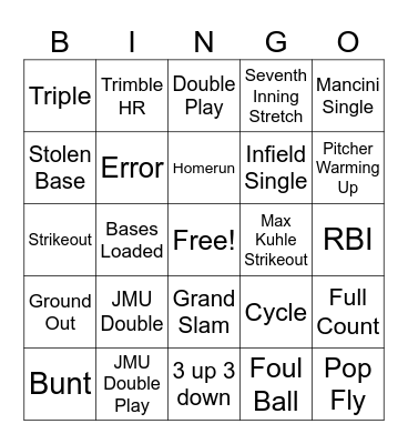 JMU Baseball Bingo Card
