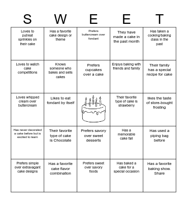 Cake Decorating: Get to Know Eachother Bingo Card