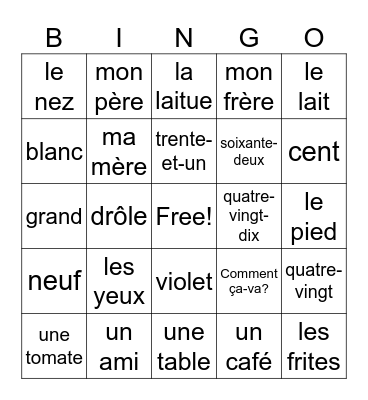 Basic French Vocabulary Bingo Card