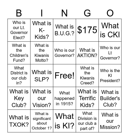 Texas Hill Country Kiwanis Bingo Card