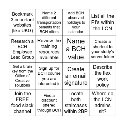 LCN Orientation BINGO Card