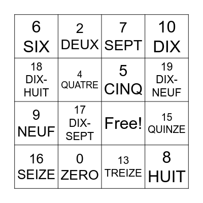 French Number BINGO Card