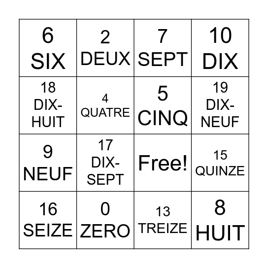 French Number BINGO Card