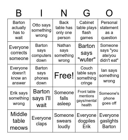 Barton Bingo Card