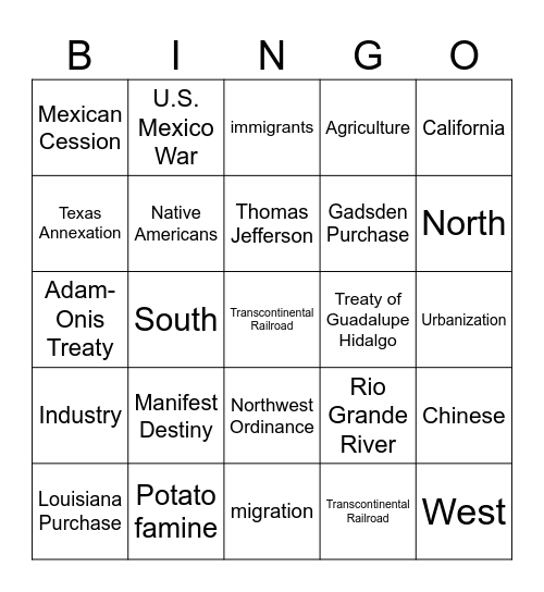 Westward Expansion Bingo Card