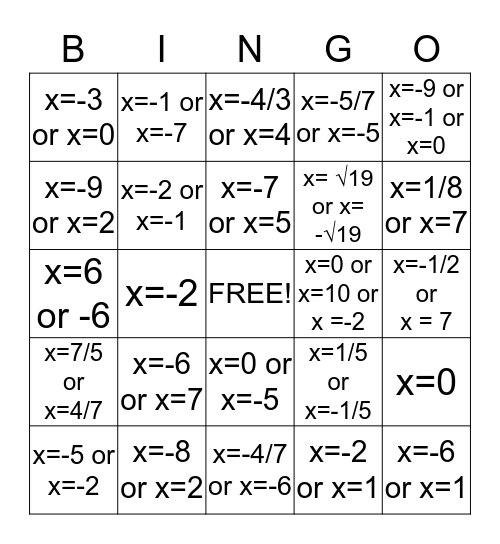 Solving Equations Bingo Card