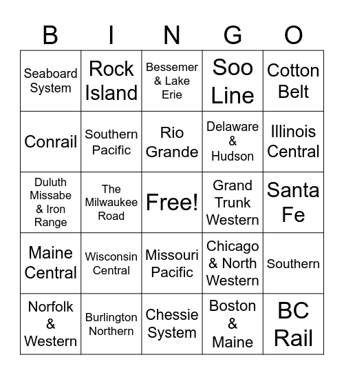 Fallen Flag Railroads Bingo Card