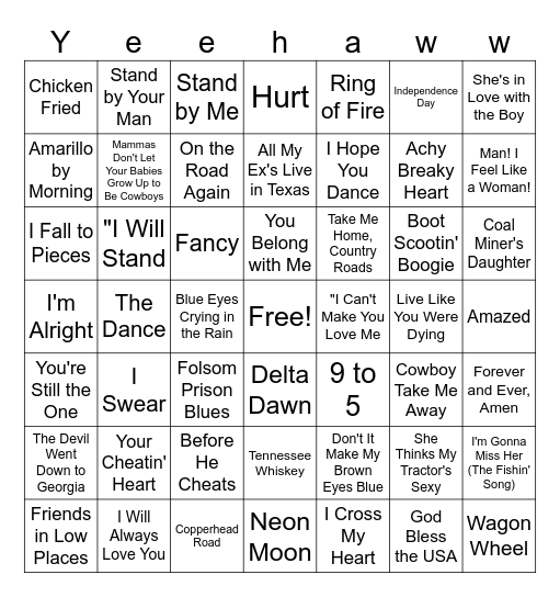 All Time Country Bingo Card