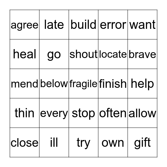 Synonym Bingo Card