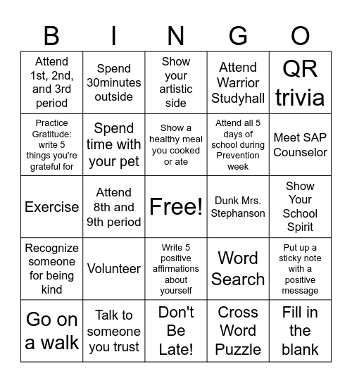 SAMHSA Prevention Week 2024 (HS) Bingo Card