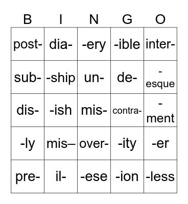 Prefixes and suffixes Bingo Card