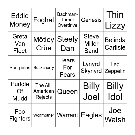 Rock Through The Decades Bingo Card