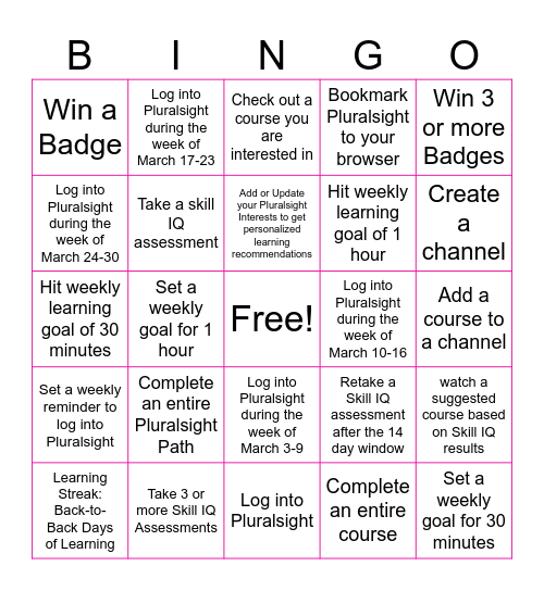 Pluralsight BINGO Card