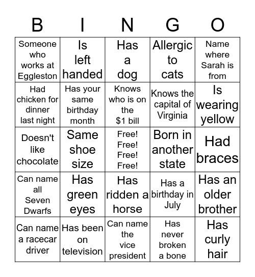 GETTING TO KNOW YOU! Bingo Card