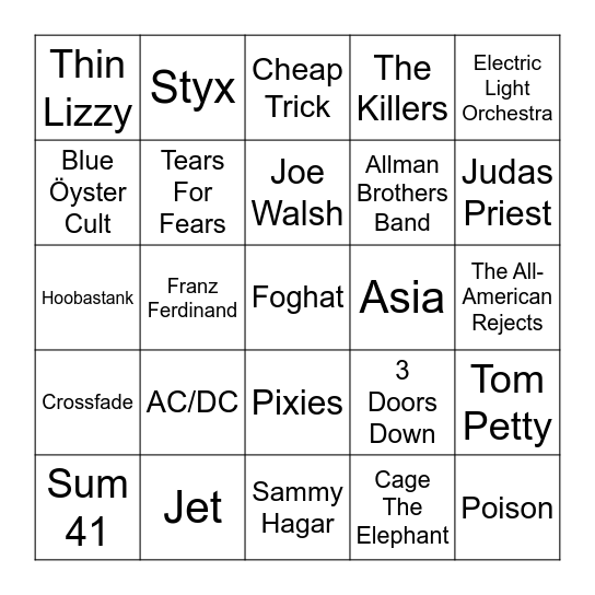 Rock Through The Decades Bingo Card