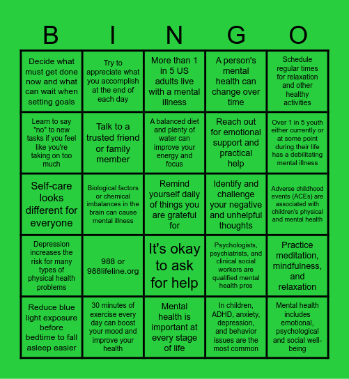 Mental Health Awareness Month Bingo Card