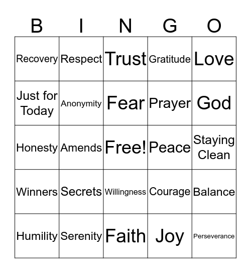 Spiritual Principles Bingo Card