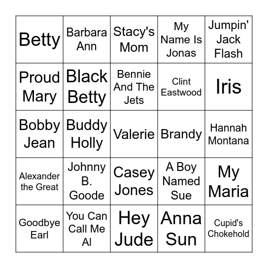 Songs With Names In The Title Bingo Card