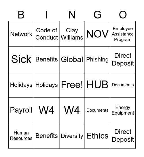 NOV New Hire Bingo Card