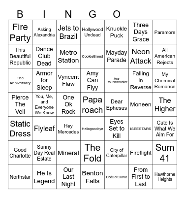 Emo bands Bingo Card