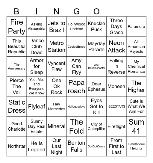 Emo bands Bingo Card