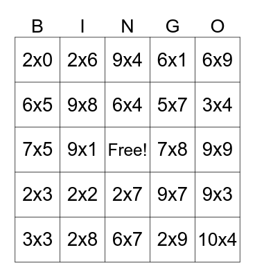 Multiplication Bingo Card
