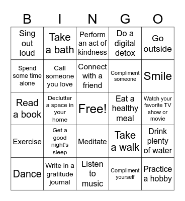 Mental Health Bingo Card