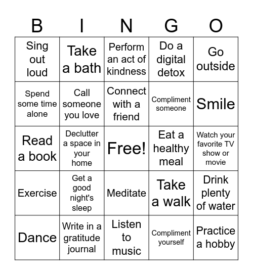 Mental Health Bingo Card