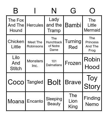 Disney Pixar Bingo Card