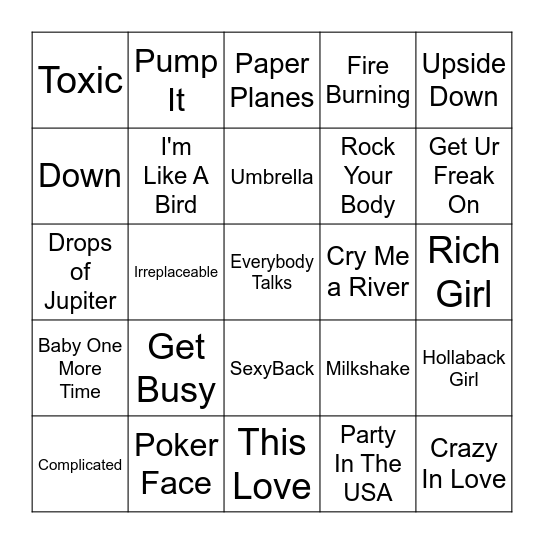 2000s Pop Bingo Card