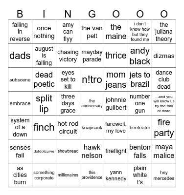 emo bands Bingo Card