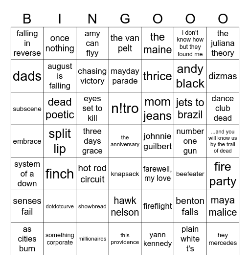 emo bands Bingo Card
