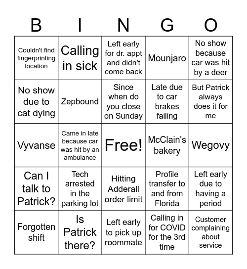 Pharmacy BINGO Card