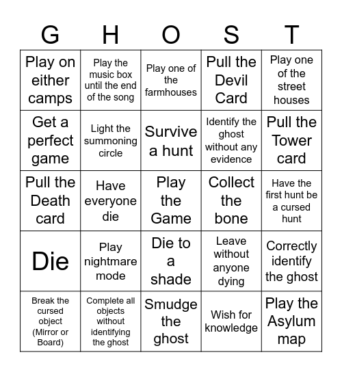 Phasmophobia Bingo Card