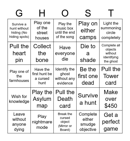 Phasmophobia Bingo Card