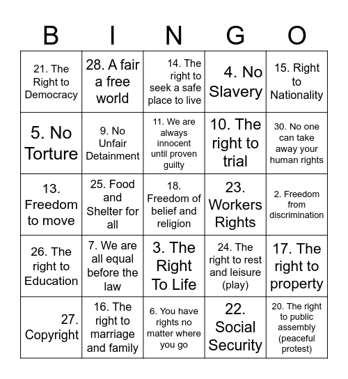 Human Rights Bingo Card