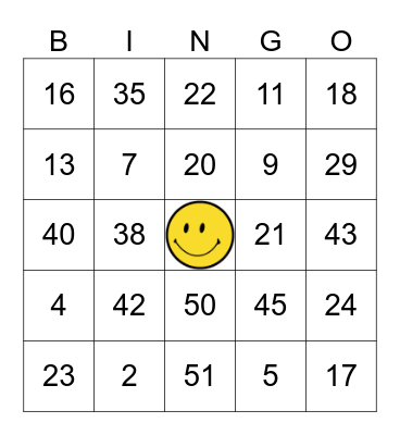 Numbers 1 - 60 Bingo Card