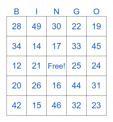 Identifying Numbers Bingo Card